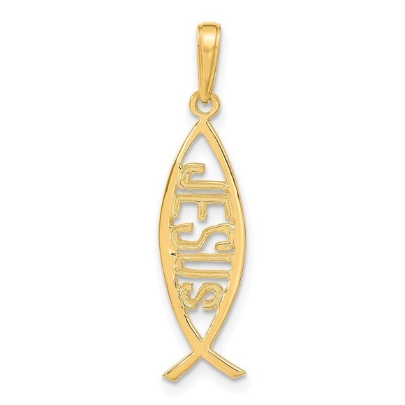 10k Yellow Gold Ichthus Fish With JESUS Necklace Charm Pendant
